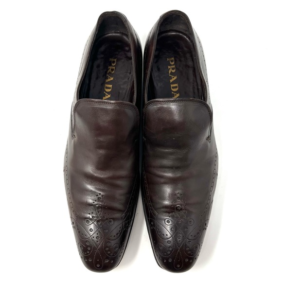 AUTHENTIC! Prada Brown Leather Cut Out Perforated Wingtip Loafers Size 7.5 - Picture 2 of 12